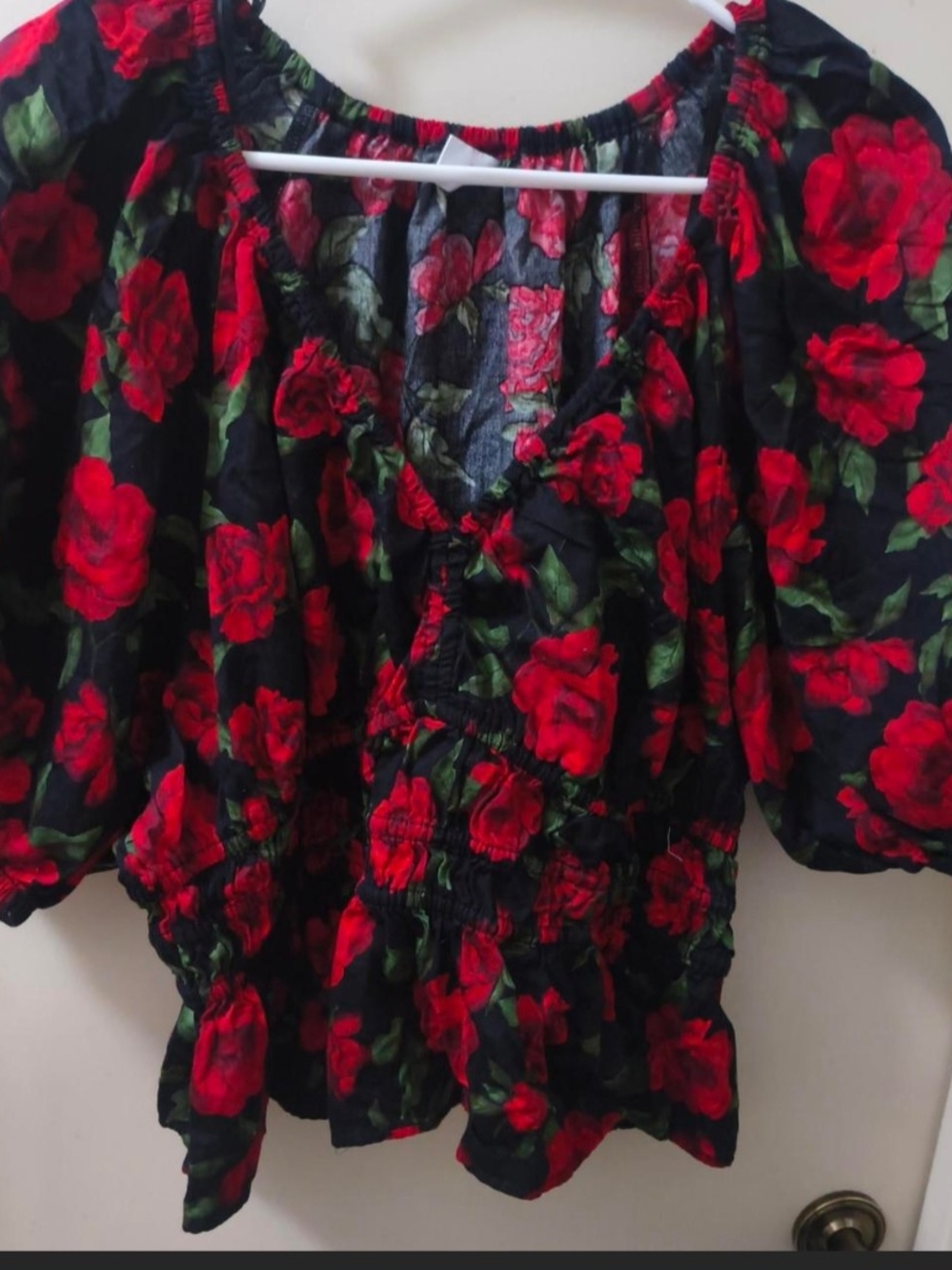 Smocked Black Blouse with Red Rose Print